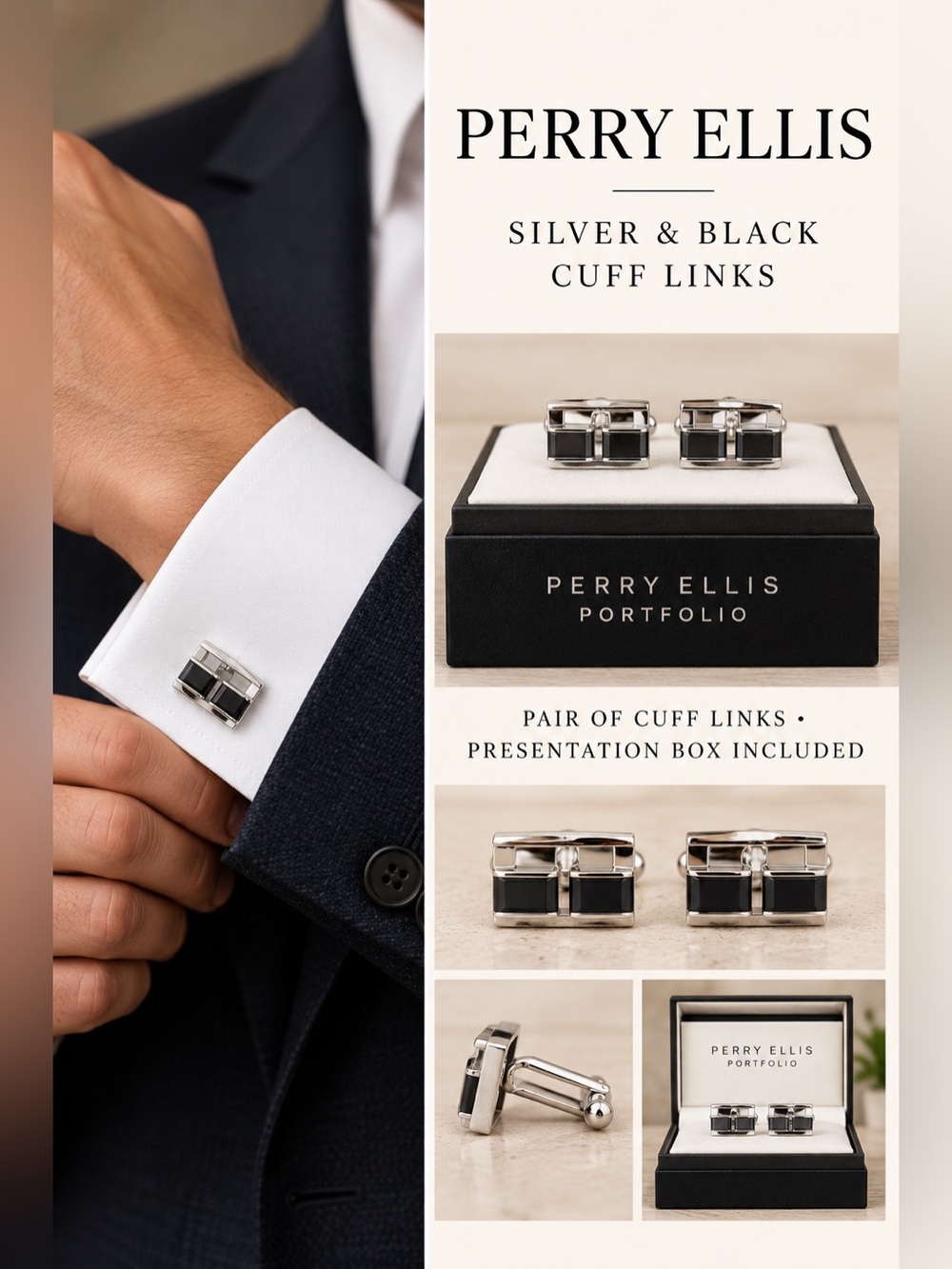 Perry Ellis Silver & Black Cuff Links New